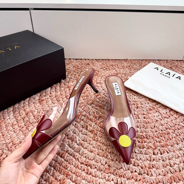 ALAIA 26S POINTED-TOE MULE HEELS IN DARK RED LAMBSKIN AND TRANSPARENT PVC