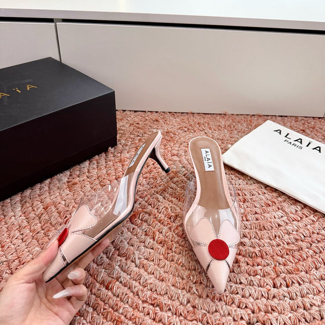 ALAIA 26S MULE HEELS IN NUDE PINK LAMBSKIN AND TRANSPARENT PVC