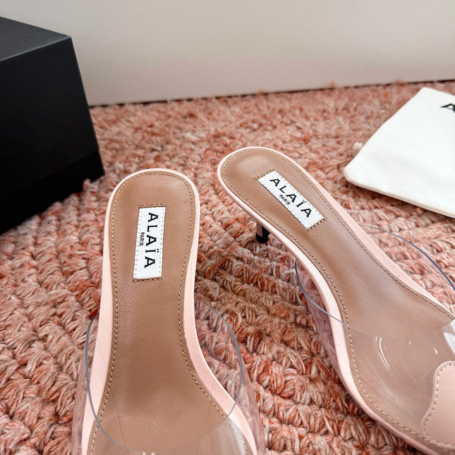 ALAIA 26S MULE HEELS IN NUDE PINK LAMBSKIN AND TRANSPARENT PVC