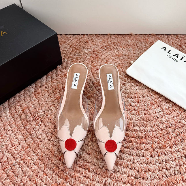 ALAIA 26S MULE HEELS IN NUDE PINK LAMBSKIN AND TRANSPARENT PVC