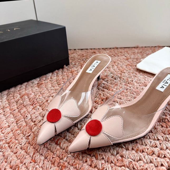 ALAIA 26S MULE HEELS IN NUDE PINK LAMBSKIN AND TRANSPARENT PVC