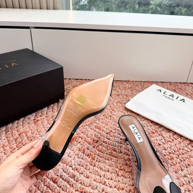 ALAIA 26S MULE HEELS IN BLACK LAMBSKIN AND TRANSPARENT PVC