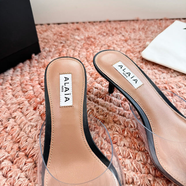 ALAIA 26S MULE HEELS IN BLACK LAMBSKIN AND TRANSPARENT PVC