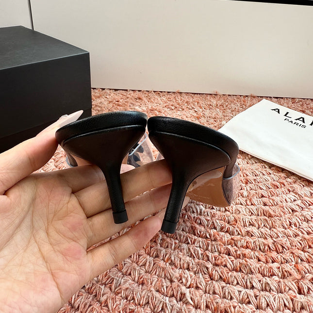 ALAIA 26S MULE HEELS IN BLACK LAMBSKIN AND TRANSPARENT PVC