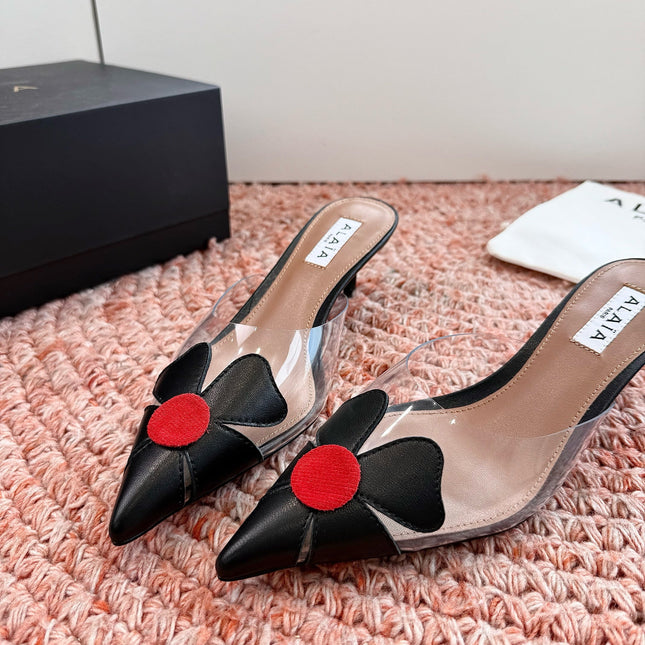 ALAIA 26S MULE HEELS IN BLACK LAMBSKIN AND TRANSPARENT PVC