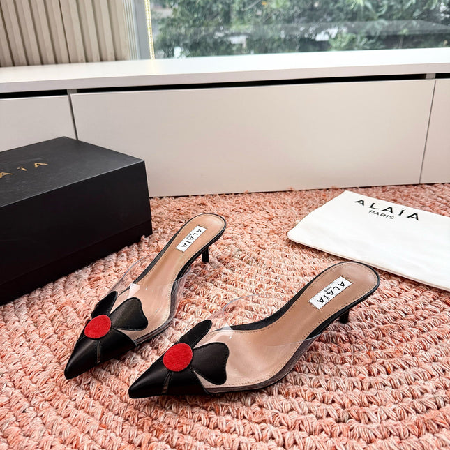 ALAIA 26S MULE HEELS IN BLACK LAMBSKIN AND TRANSPARENT PVC