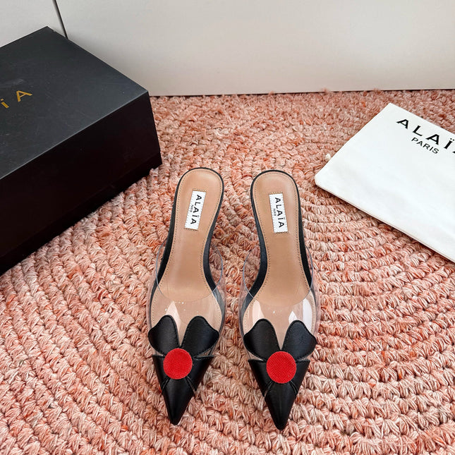 ALAIA 26S MULE HEELS IN BLACK LAMBSKIN AND TRANSPARENT PVC