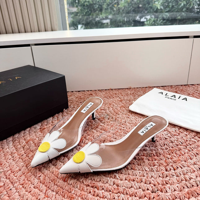 ALAIA 26S POINTED-TOE MULE HEELS IN WHITE LAMBSKIN AND TRANSPARENT PVC