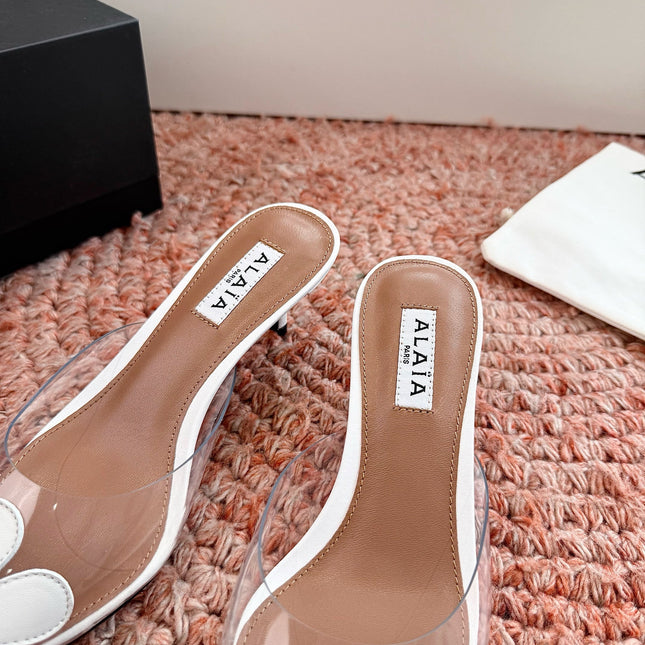 ALAIA 26S POINTED-TOE MULE HEELS IN WHITE LAMBSKIN AND TRANSPARENT PVC