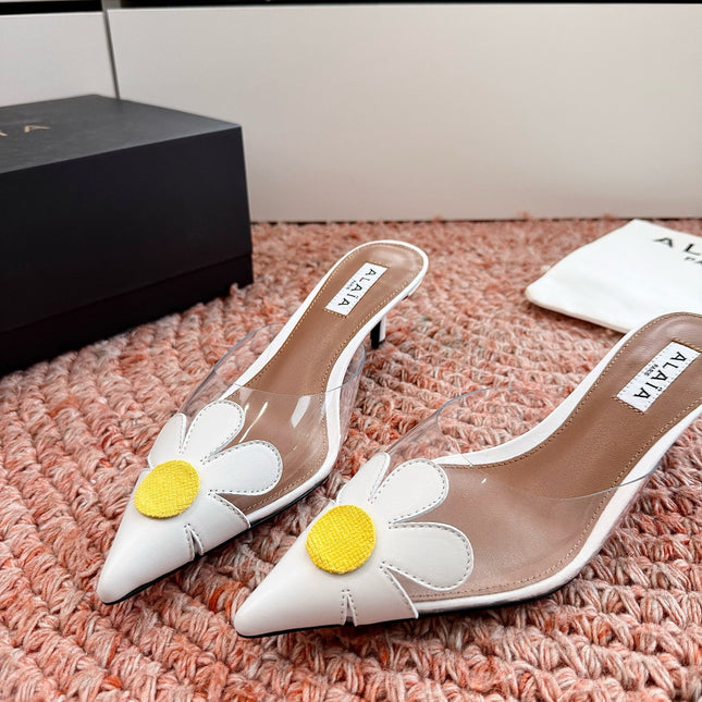ALAIA 26S POINTED-TOE MULE HEELS IN WHITE LAMBSKIN AND TRANSPARENT PVC