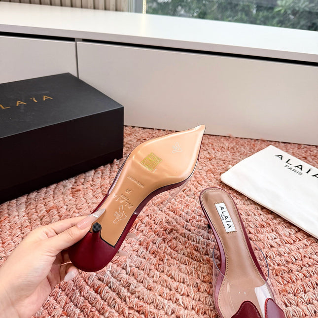 ALAIA 26S MULE HEELS IN DARK RED LAMBSKIN AND TRANSPARENT PVC