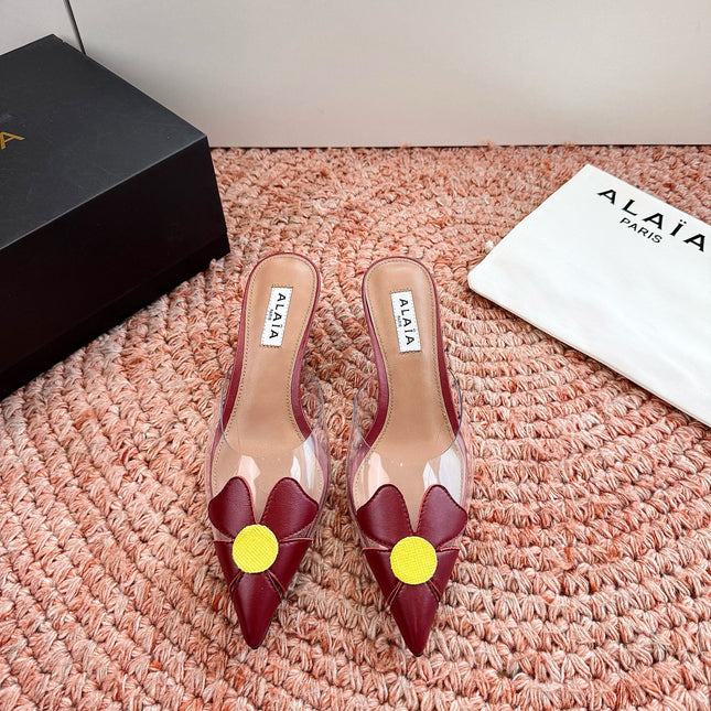ALAIA 26S MULE HEELS IN DARK RED LAMBSKIN AND TRANSPARENT PVC