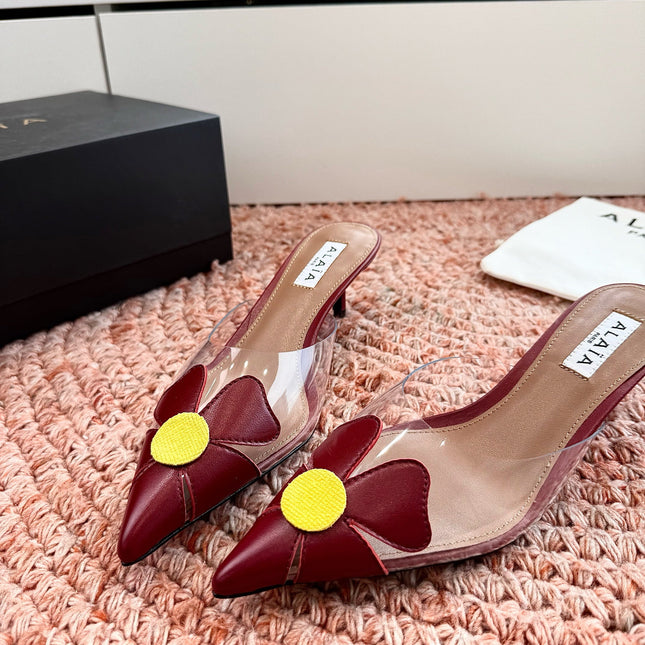 ALAIA 26S MULE HEELS IN DARK RED LAMBSKIN AND TRANSPARENT PVC