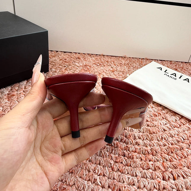 ALAIA 26S MULE HEELS IN DARK RED LAMBSKIN AND TRANSPARENT PVC