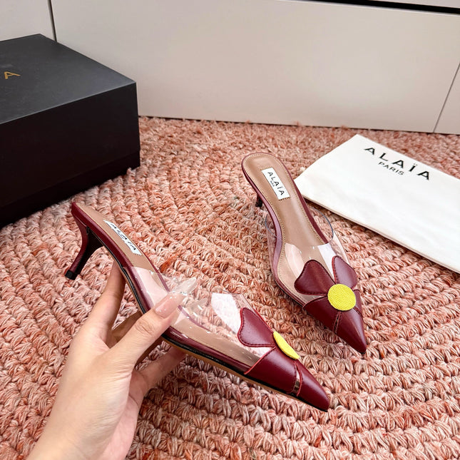 ALAIA 26S MULE HEELS IN DARK RED LAMBSKIN AND TRANSPARENT PVC
