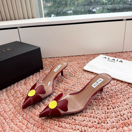 ALAIA 26S MULE HEELS IN DARK RED LAMBSKIN AND TRANSPARENT PVC