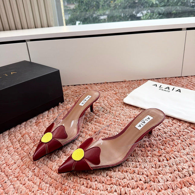 ALAIA 26S MULE HEELS IN DARK RED LAMBSKIN AND TRANSPARENT PVC