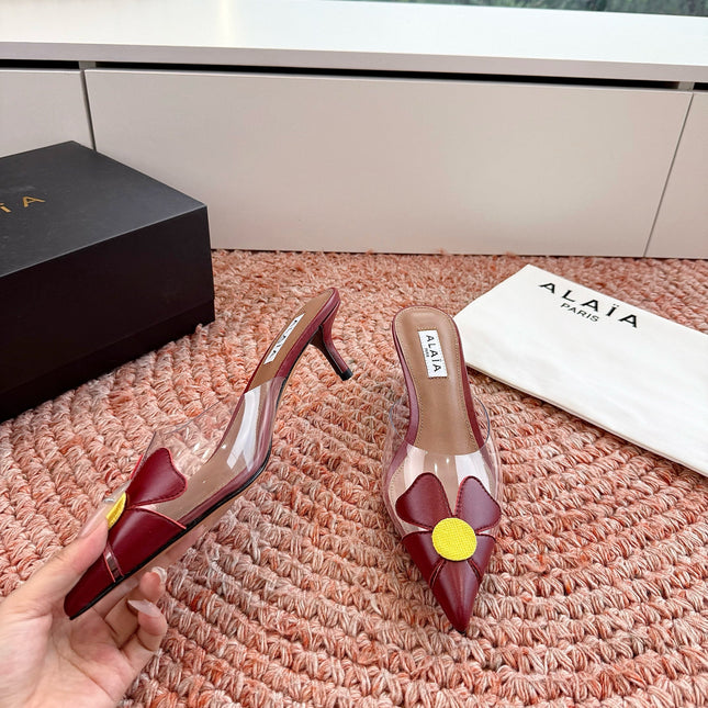 ALAIA 26S MULE HEELS IN DARK RED LAMBSKIN AND TRANSPARENT PVC