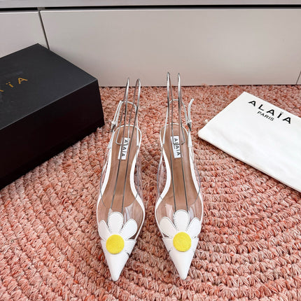 ALAIA 26S POINTED-TOE SLINGBACK HEELS IN WHITE LAMBSKIN AND TRANSPARENT PVC