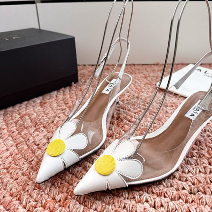 ALAIA 26S POINTED-TOE SLINGBACK HEELS IN WHITE LAMBSKIN AND TRANSPARENT PVC