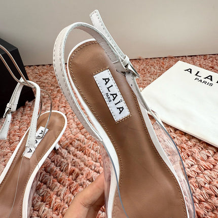 ALAIA 26S POINTED-TOE SLINGBACK HEELS IN WHITE LAMBSKIN AND TRANSPARENT PVC