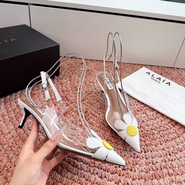 ALAIA 26S POINTED-TOE SLINGBACK HEELS IN WHITE LAMBSKIN AND TRANSPARENT PVC