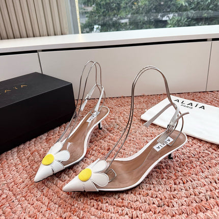 ALAIA 26S POINTED-TOE SLINGBACK HEELS IN WHITE LAMBSKIN AND TRANSPARENT PVC