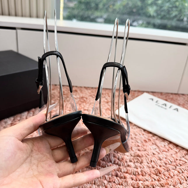 ALAIA 26S POINTED-TOE SLINGBACK HEELS IN BLACK LAMBSKIN AND TRANSPARENT PVC