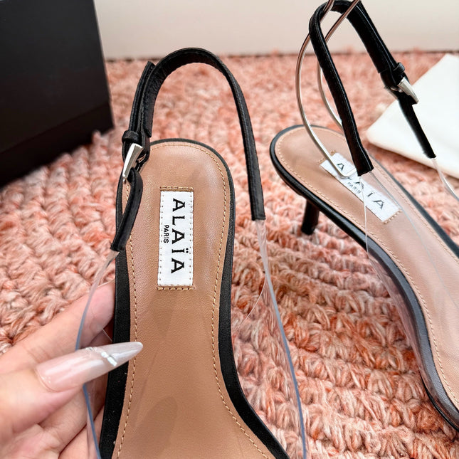 ALAIA 26S POINTED-TOE SLINGBACK HEELS IN BLACK LAMBSKIN AND TRANSPARENT PVC