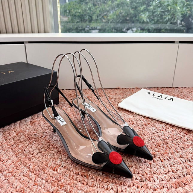 ALAIA 26S POINTED-TOE SLINGBACK HEELS IN BLACK LAMBSKIN AND TRANSPARENT PVC