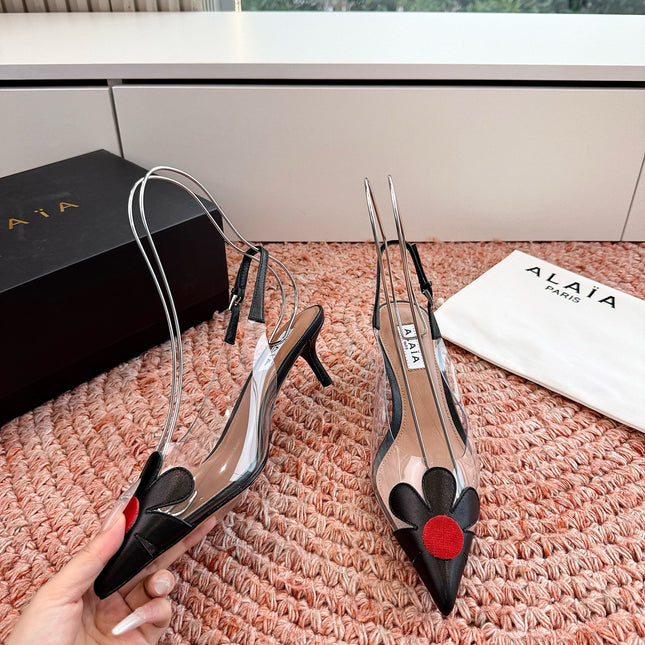 ALAIA 26S POINTED-TOE SLINGBACK HEELS IN BLACK LAMBSKIN AND TRANSPARENT PVC