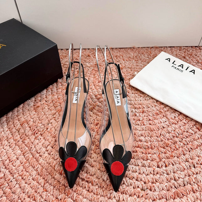 ALAIA 26S POINTED-TOE SLINGBACK HEELS IN BLACK LAMBSKIN AND TRANSPARENT PVC