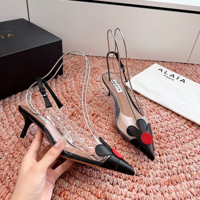 ALAIA 26S POINTED-TOE SLINGBACK HEELS IN BLACK LAMBSKIN AND TRANSPARENT PVC
