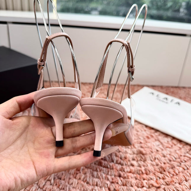 ALAIA 26S POINTED-TOE SLINGBACK HEELS IN NUDE PINK LAMBSKIN AND TRANSPARENT PVC