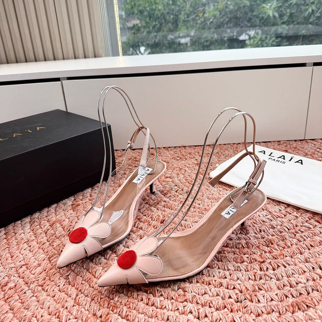 ALAIA 26S POINTED-TOE SLINGBACK HEELS IN NUDE PINK LAMBSKIN AND TRANSPARENT PVC