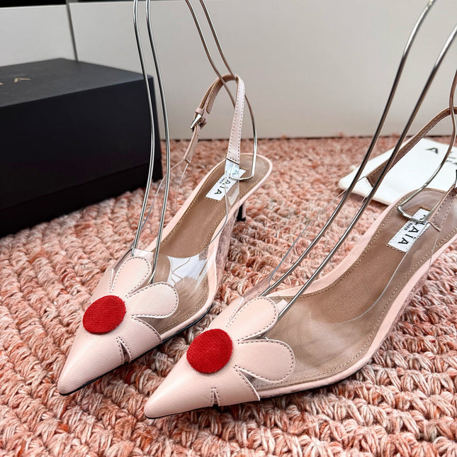 ALAIA 26S POINTED-TOE SLINGBACK HEELS IN NUDE PINK LAMBSKIN AND TRANSPARENT PVC