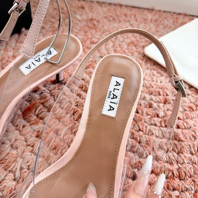 ALAIA 26S POINTED-TOE SLINGBACK HEELS IN NUDE PINK LAMBSKIN AND TRANSPARENT PVC