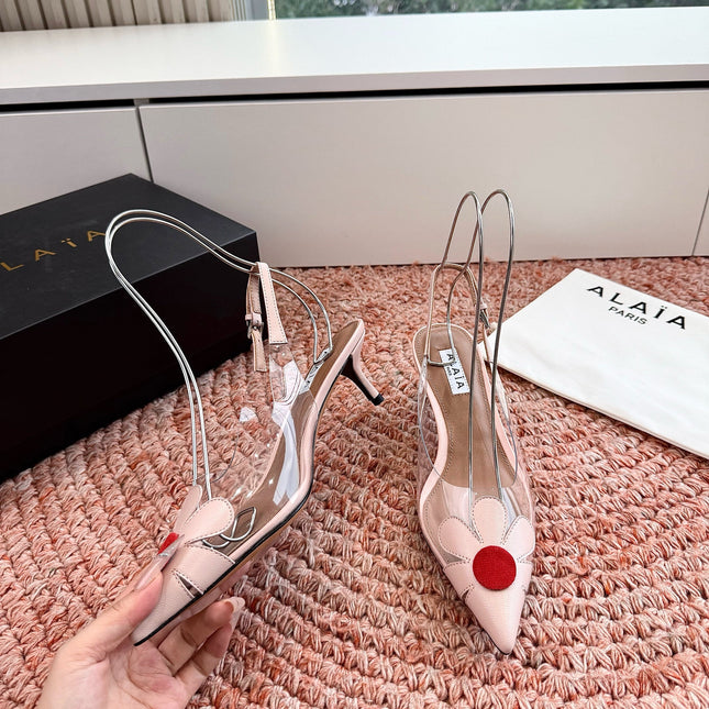 ALAIA 26S POINTED-TOE SLINGBACK HEELS IN NUDE PINK LAMBSKIN AND TRANSPARENT PVC
