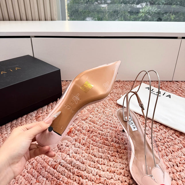 ALAIA 26S POINTED-TOE SLINGBACK HEELS IN NUDE PINK LAMBSKIN AND TRANSPARENT PVC