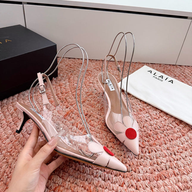 ALAIA 26S POINTED-TOE SLINGBACK HEELS IN NUDE PINK LAMBSKIN AND TRANSPARENT PVC