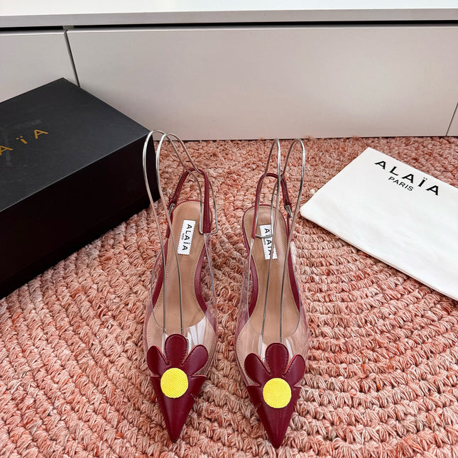 ALAIA 26S POINTED-TOE SLINGBACK HEELS IN DARK RED LAMBSKIN AND TRANSPARENT PVC