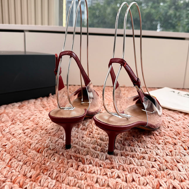 ALAIA 26S POINTED-TOE SLINGBACK HEELS IN DARK RED LAMBSKIN AND TRANSPARENT PVC
