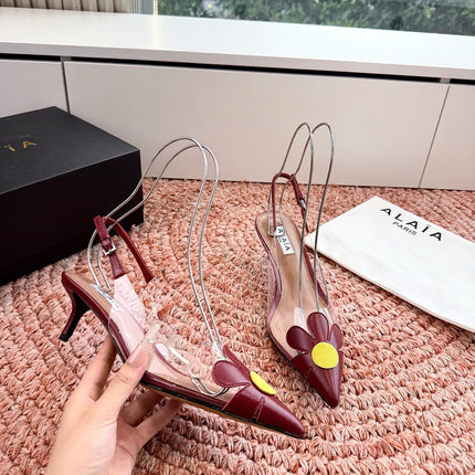 ALAIA 26S POINTED-TOE SLINGBACK HEELS IN DARK RED LAMBSKIN AND TRANSPARENT PVC