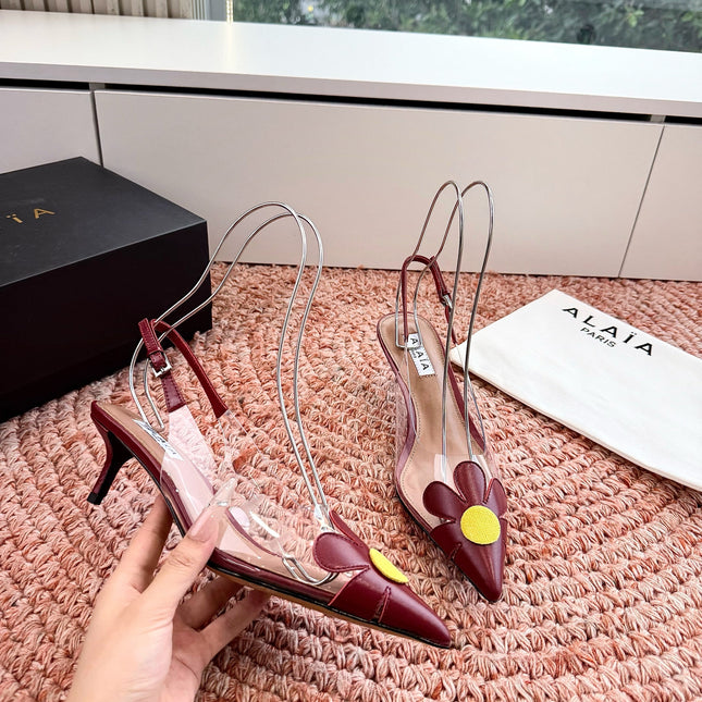 ALAIA 26S POINTED-TOE SLINGBACK HEELS IN DARK RED LAMBSKIN AND TRANSPARENT PVC