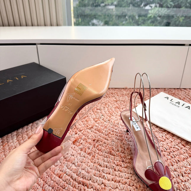 ALAIA 26S POINTED-TOE SLINGBACK HEELS IN DARK RED LAMBSKIN AND TRANSPARENT PVC