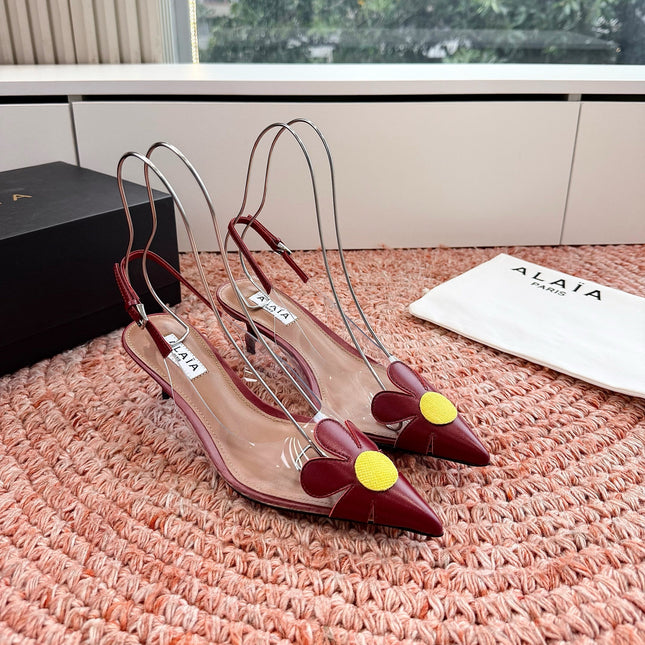 ALAIA 26S POINTED-TOE SLINGBACK HEELS IN DARK RED LAMBSKIN AND TRANSPARENT PVC