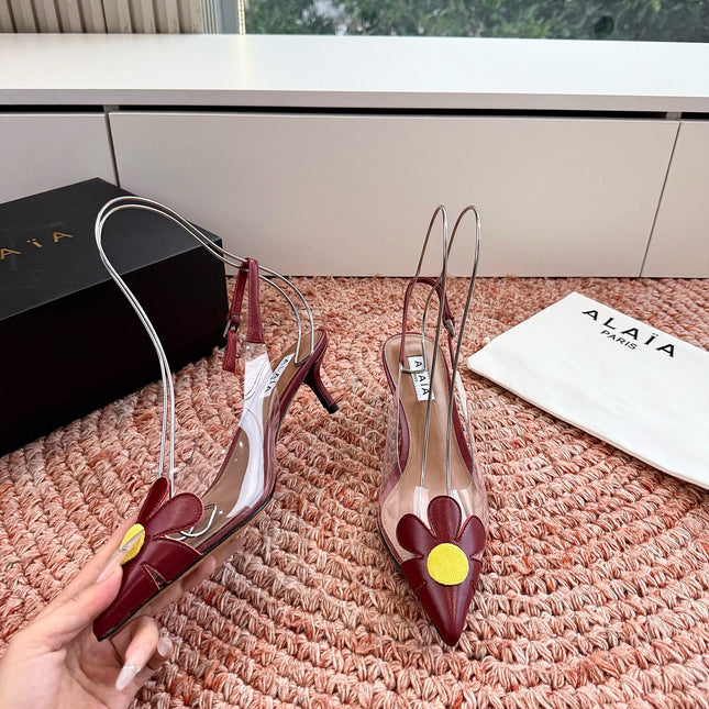 ALAIA 26S POINTED-TOE SLINGBACK HEELS IN DARK RED LAMBSKIN AND TRANSPARENT PVC