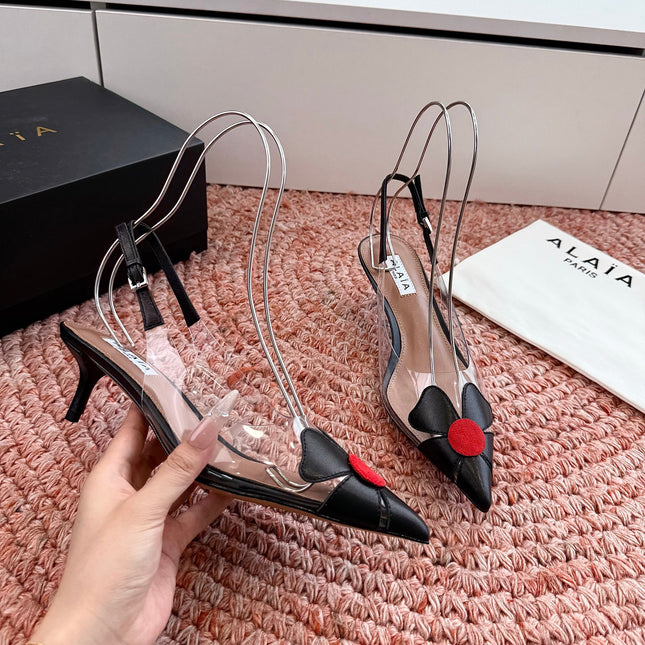 ALAIA 26S SLINGBACK HEELS IN BLACK LAMBSKIN AND TRANSPARENT PVC