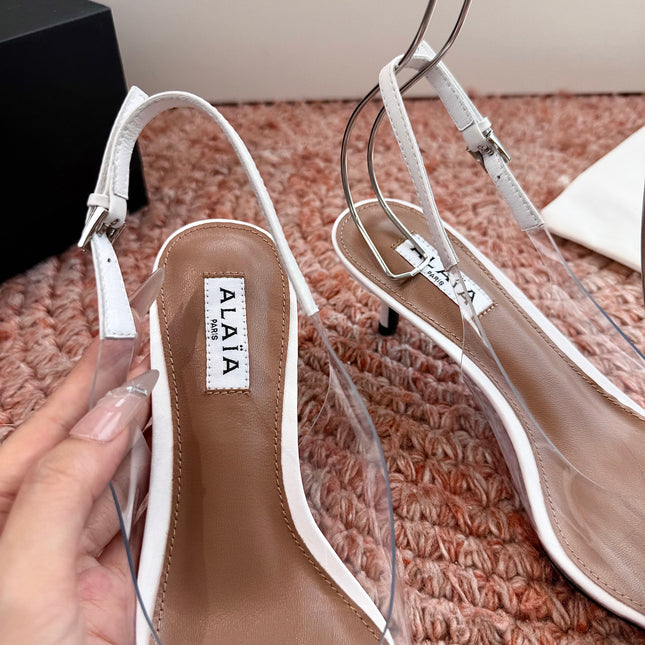 ALAIA 26S SLINGBACK HEELS IN WHITE LAMBSKIN AND TRANSPARENT PVC