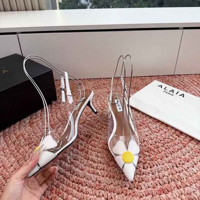 ALAIA 26S SLINGBACK HEELS IN WHITE LAMBSKIN AND TRANSPARENT PVC